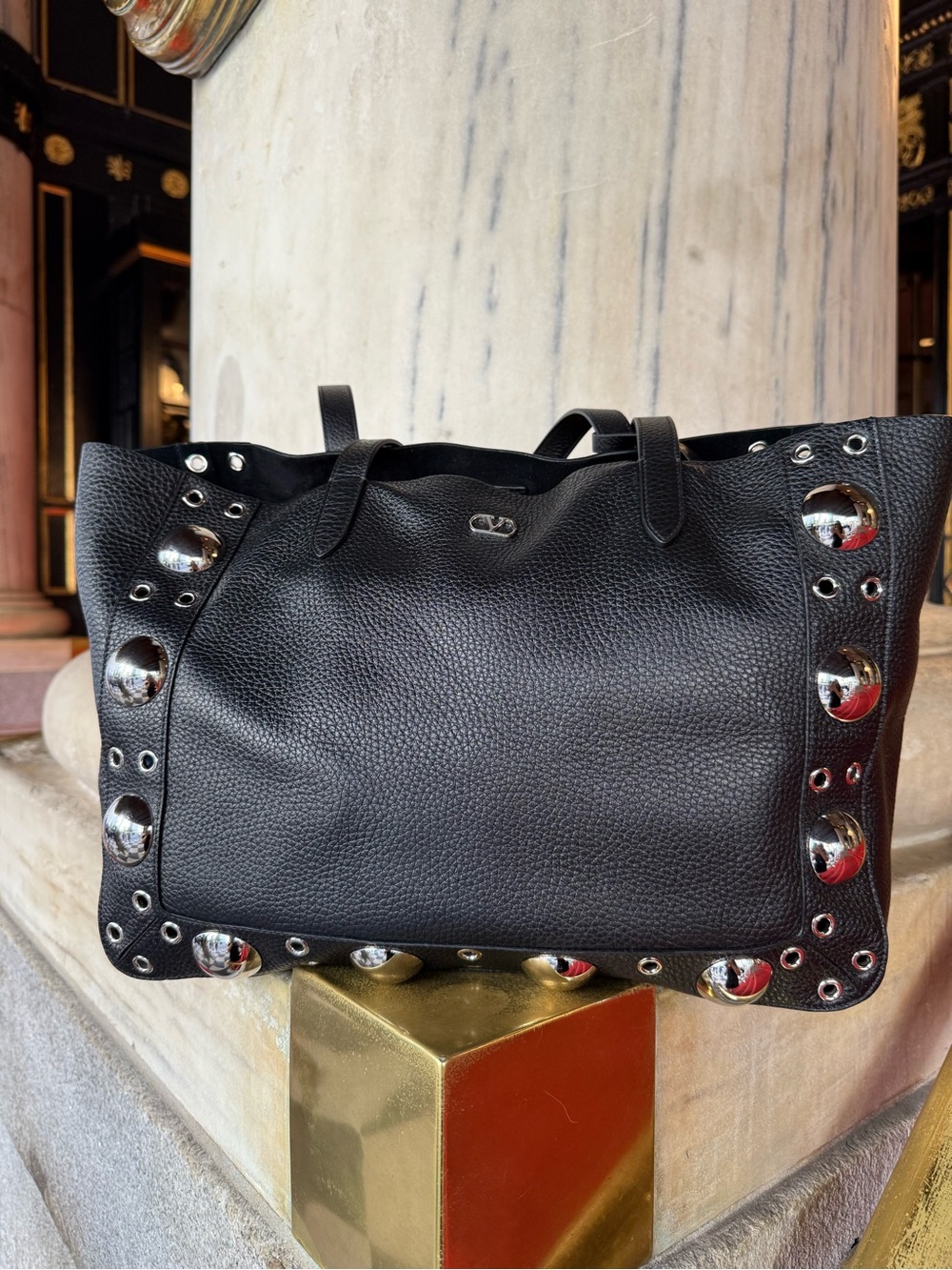 Valentino Black Pebbled Leather Stud-Trim Tote